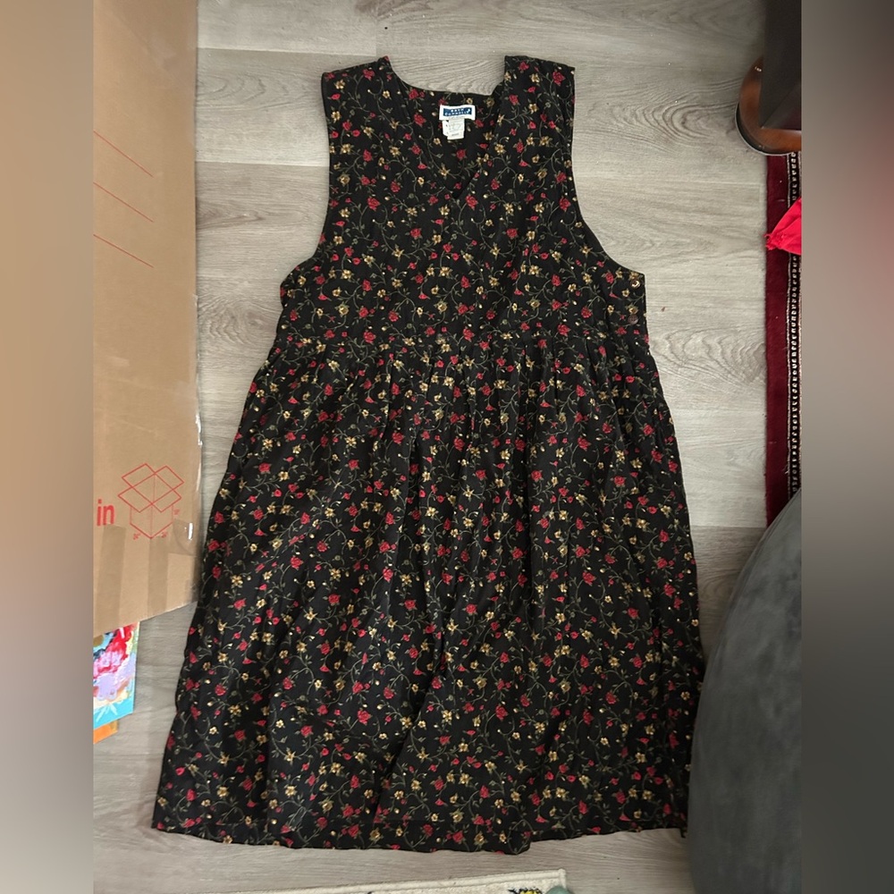 Vintage Corduroy Black Floral Sleeveless Dress with Red and Gold Flowers
